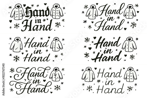 Hand in Hand Calligraphy. Hand in Hand. Create a calligraphy lettering illustration of the phrase: Hand in