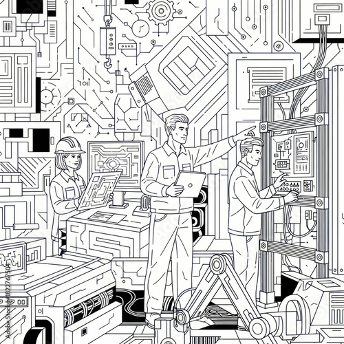 Three Engineers Collaborating on a Complex Project in a High Tech Factory.