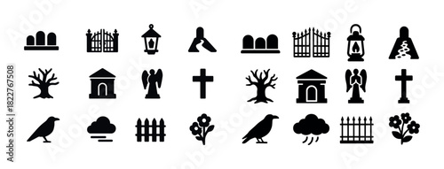 Collection of cemetery and funeral icons including crosses, angels, lanterns, and trees