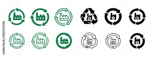 Recycling icons featuring industrial symbols with circular arrows