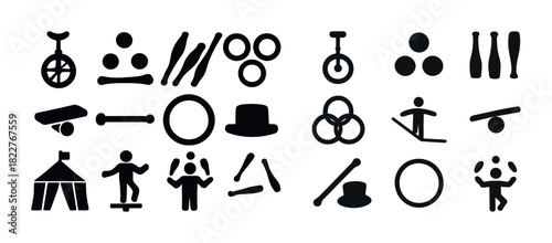 Circus performance icons: unicycles, juggling, balancing, acrobatics, rings