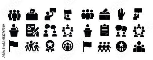 Black icons representing voting, protests, community, and leadership