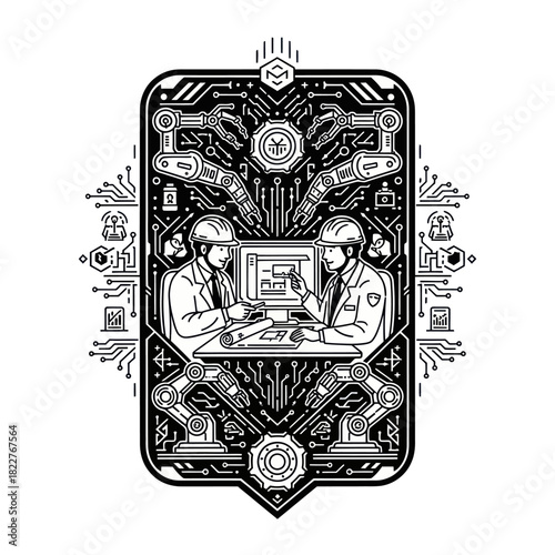 Engineers collaborating on a technical project with robotic arms and digital interface.