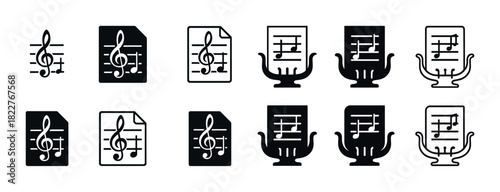 Set of musical notation icons with treble clef and sheet music variations