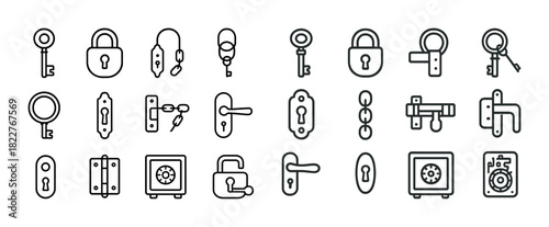Variety of locks and keys: security icons featuring padlocks, safes, and keyholes