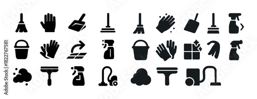 Cleaning tools icons set: broom, mop, gloves, vacuum, spray