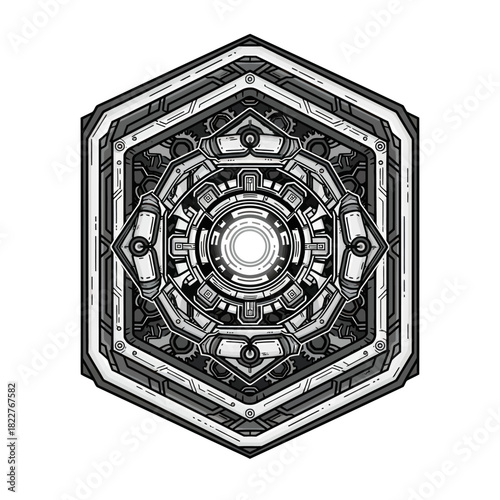 Intricate hexagonal sci fi mechanical core illustration.