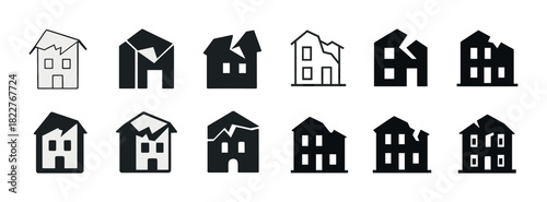 Set of twelve black and white broken house icons with varied designs