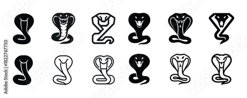 Collection of cobra snake icons in various stylized designs