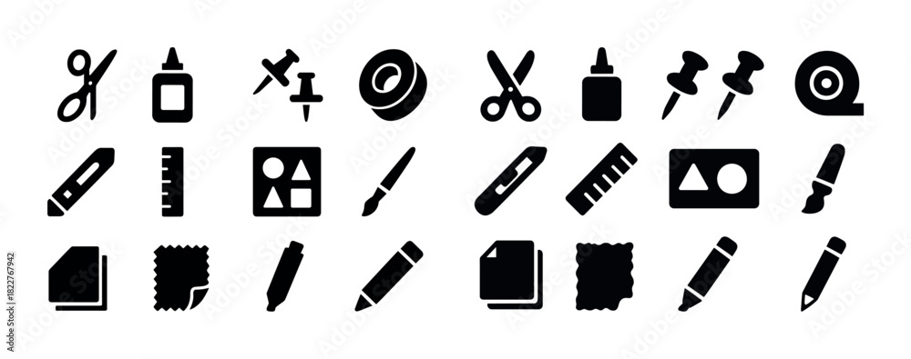 Fototapeta premium Collection of black stationery icons featuring scissors, glue, tape, pencil, and ruler