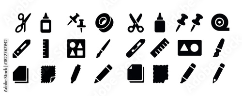 Collection of black stationery icons featuring scissors, glue, tape, pencil, and ruler