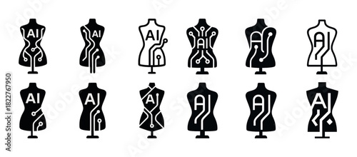 Set of mannequin icons with ai circuit patterns for technology and fashion concepts