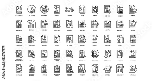 
Document analysis icon set collection. Containing result, increase, review, documents, advice, report, diagram .Line vector icons collection