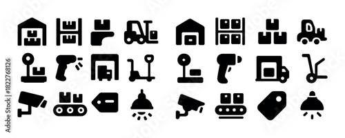 Warehouse and logistics icons set: forklift, shelves, and delivery symbols