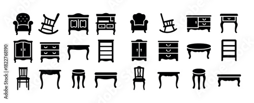 Silhouette collection of vintage furniture icons in black and white