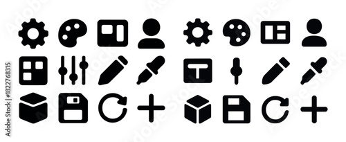 Set of black and white icons for design and software tools