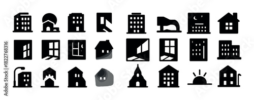 Set of 24 building and window icons in black and white