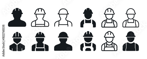 Set of construction worker icons with different outlines and styles