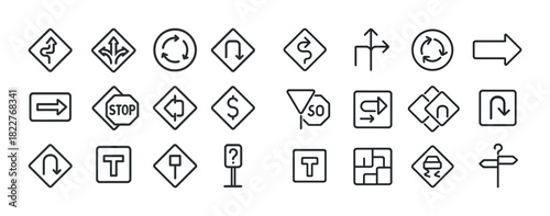 Collection of various traffic and directional road signs in black outlines