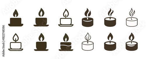 Brown candle icon set with various flame styles and holders on white background