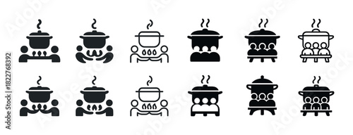 Collection of cooking pot and dining icons in black and white variations