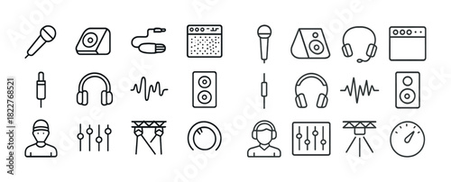 Audio equipment and sound icons: microphone, headphones, speaker, mixer controls