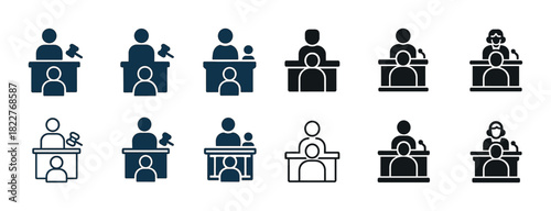 Courtroom icons set featuring judges lawyers witnesses and defendants in various styles