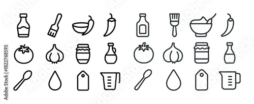 Collection of various sauce and ingredient icons in black outline