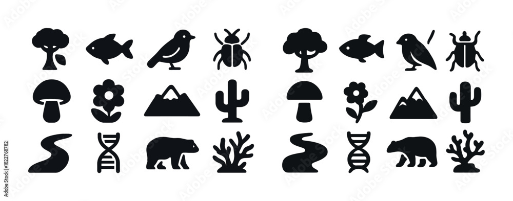 Naklejka premium Nature icons: trees, animals, plants, landscapes in simple black silhouettes