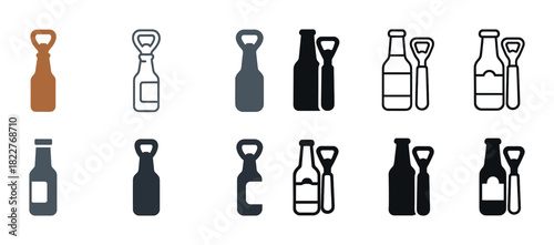 Various beer bottle and opener icons in different styles and colors