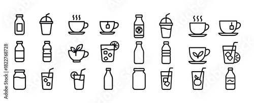 Assorted beverage line icons featuring cups and bottles in minimalist style