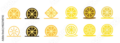 Stylized lemon and lime slices in various colors and geometric designs
