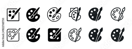 Set of artistic paint palette icons with brushes in various styles