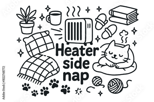 Heater Side Nap. Heater side nap. Hand-drawn doodle illustration of heater side nap. Cat, heater, blanket,