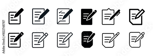 Collection of pen and paper icons in various styles and shapes