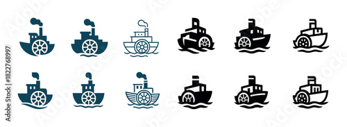 Set of twelve nautical steamboat icons with paddle wheels in black and blue styles