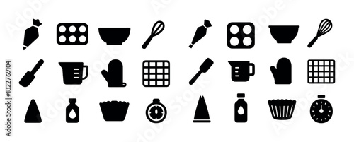 Black and white baking icons featuring tools and ingredients