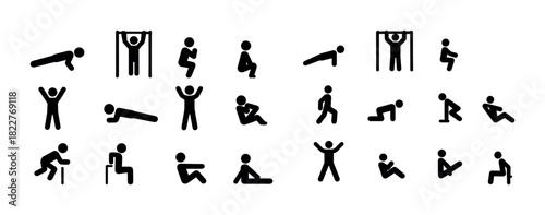 Stick figure exercise routines: push-ups, pull-ups, squats, and more