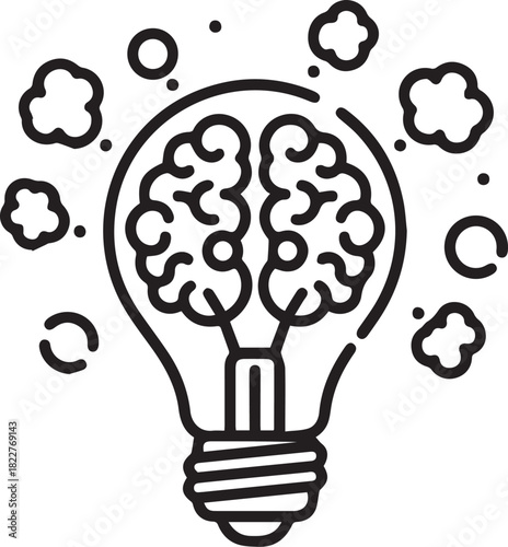 Black Line Art Light Bulb with Brain Icon Isolated for Creative Idea Concept Vector