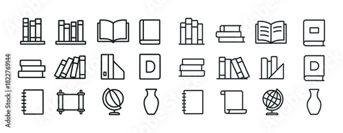 Library icons set: books, globes, vases, notebooks in outline style