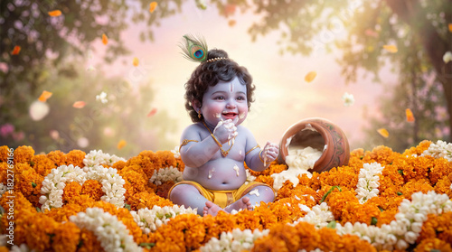 Baby lord krishna celebrating janmashtami, sitting amidst marigold flowers with a pot of butter