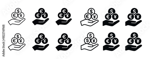 Hand icons holding currency symbols dollar euro yen black and white set