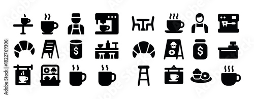 Coffee shop icons: espresso, croissant, barista, cafe, mug, pastry, signage