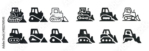 Set of bulldozer icons: construction vehicles in various styles