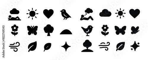 Diverse black silhouette icons: nature, animals, weather, symbols