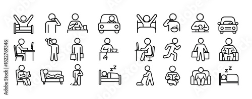 Daily routine icons: sleep, eat, work, commute, exercise, relax