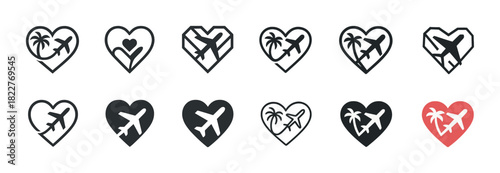 Airplane and heart icon set in black and red with palm tree variations