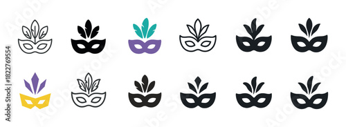Set of twelve decorative masks with colorful feather designs