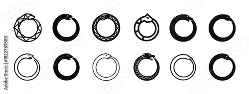 Ouroboros symbols: geometric and textured snake circles collection