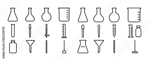 Laboratory equipment icons: beakers, flasks, pipettes, cylinders, funnels